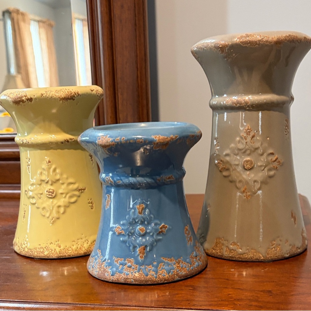 Southern Living At Home Ceramic Candle Holders - Yellow, Blue, taupe.